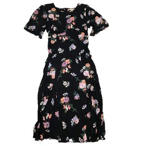 Miss Selfridge Black floral flutter sleeve midi dress double side slits size 8